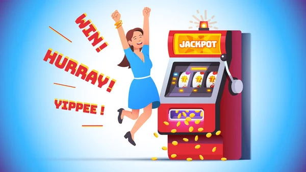 Spelautomat jackpot vinna. Lycklig kvinna firar — Stock vektor