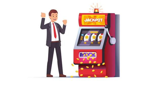 Automat wygrywa jackpot. Szczęśliwy człowiek świętuje. — Wektor stockowy