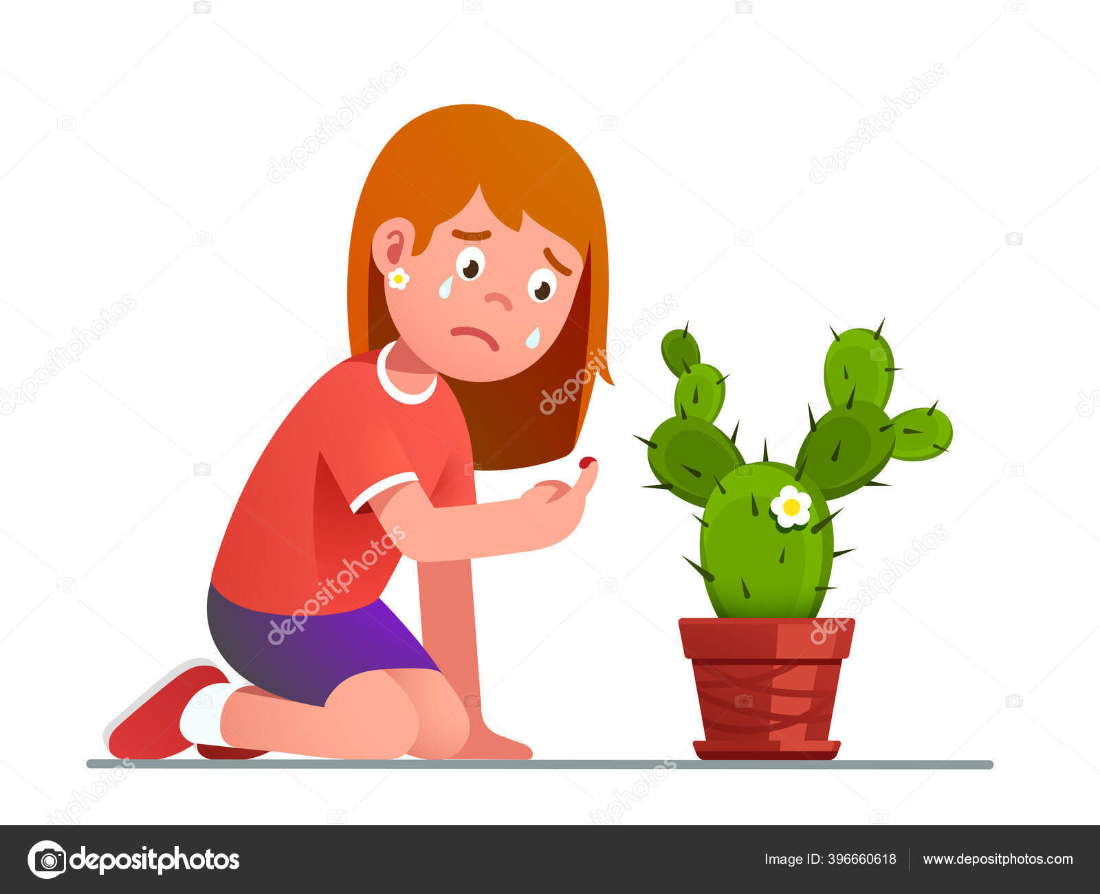 Mädchen weint über gestochenen Finger des Kaktusdorns Stock-Vektorbild von  ©IconicBestiary 396660618, image size:1600x1300