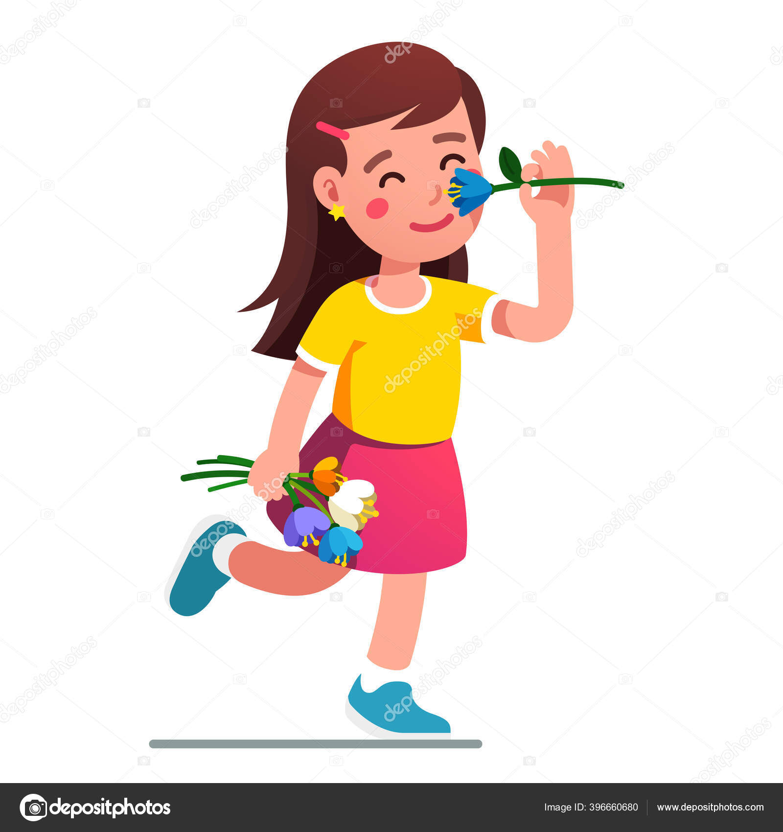 꽃 냄새나는 여자. 튤립 부케를 들고 있는 아이 스톡 벡터 - ©IconicBestiary 396660680, image size:1600x1700