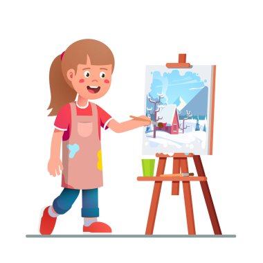 Ressam kız tuvale kış resmi çiziyor.