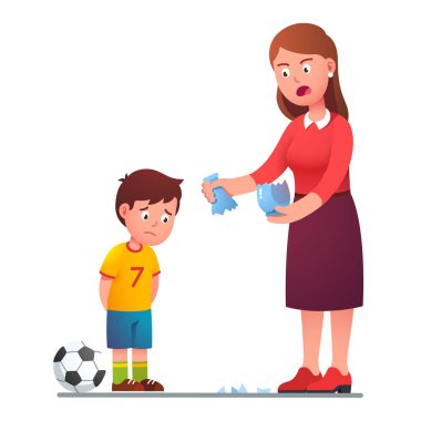 Kızgın anne vazoyu kırdığı için oğlunu azarlıyor.