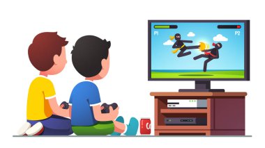 Çocuklar TV ekranında kontrolörlerle oturuyor.