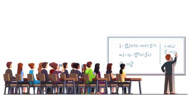Profesör büyük beyaz tahtaya formül yazıyor.