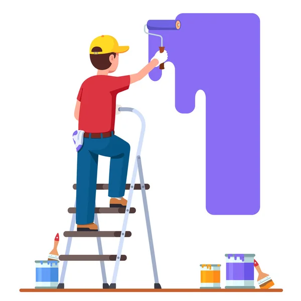 Peintre homme peinture mur de maison avec brosse à rouleaux — Image vectorielle