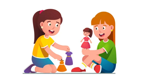 खुश खुश खुश लड़कियों बच्चों ड्रेसिंग गुड़िया खेलते — स्टॉक वेक्टर