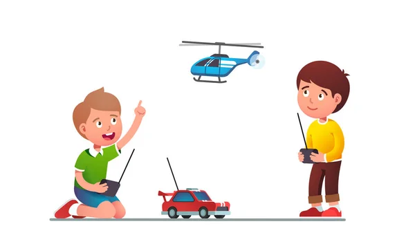 Garçons enfants jouant avec la voiture jouet radiocommandé — Image vectorielle