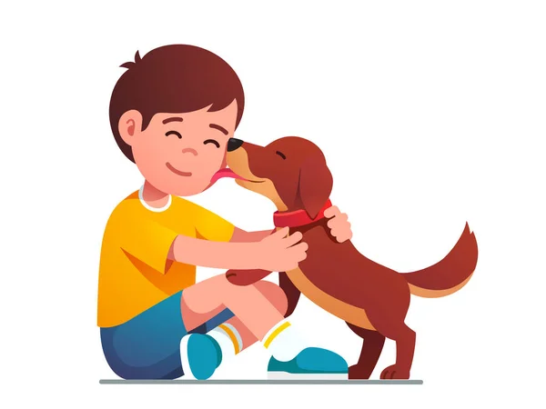 Schattige puppy hond likken lachende kinderen gezicht — Stockvector