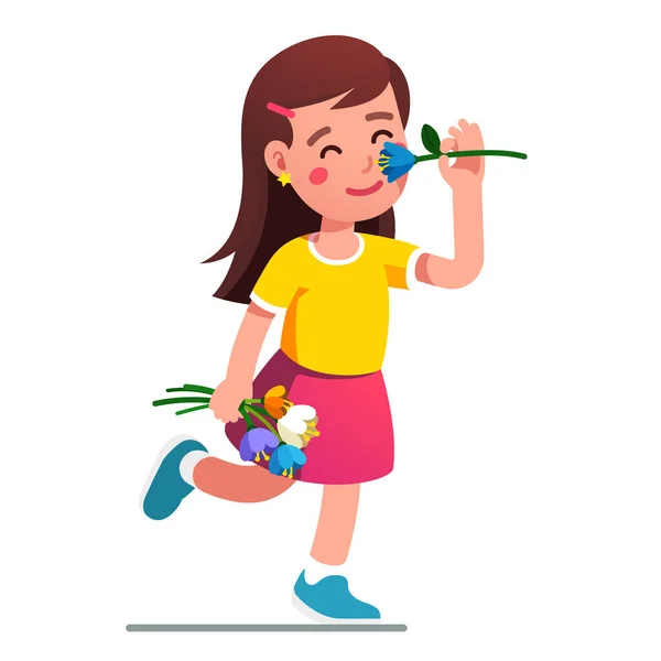 Girl smelling flower. Kid holding tulip bouquet — Stock Vector