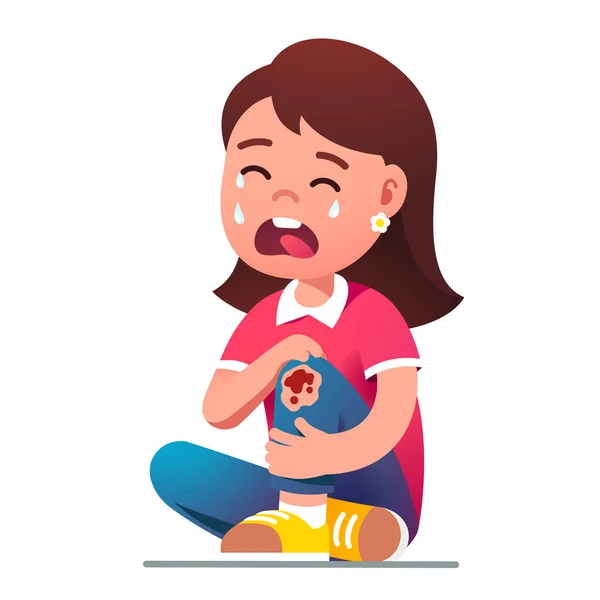 Kid girl sitting crying in pain over hurt knee — Stock Vector