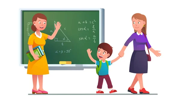 Madre recogiendo chico niño de la escuela clase — Vector de stock