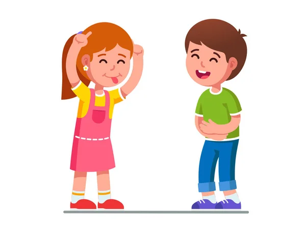 Joyful girl kid showing tongue making boy laugh — Stock Vector