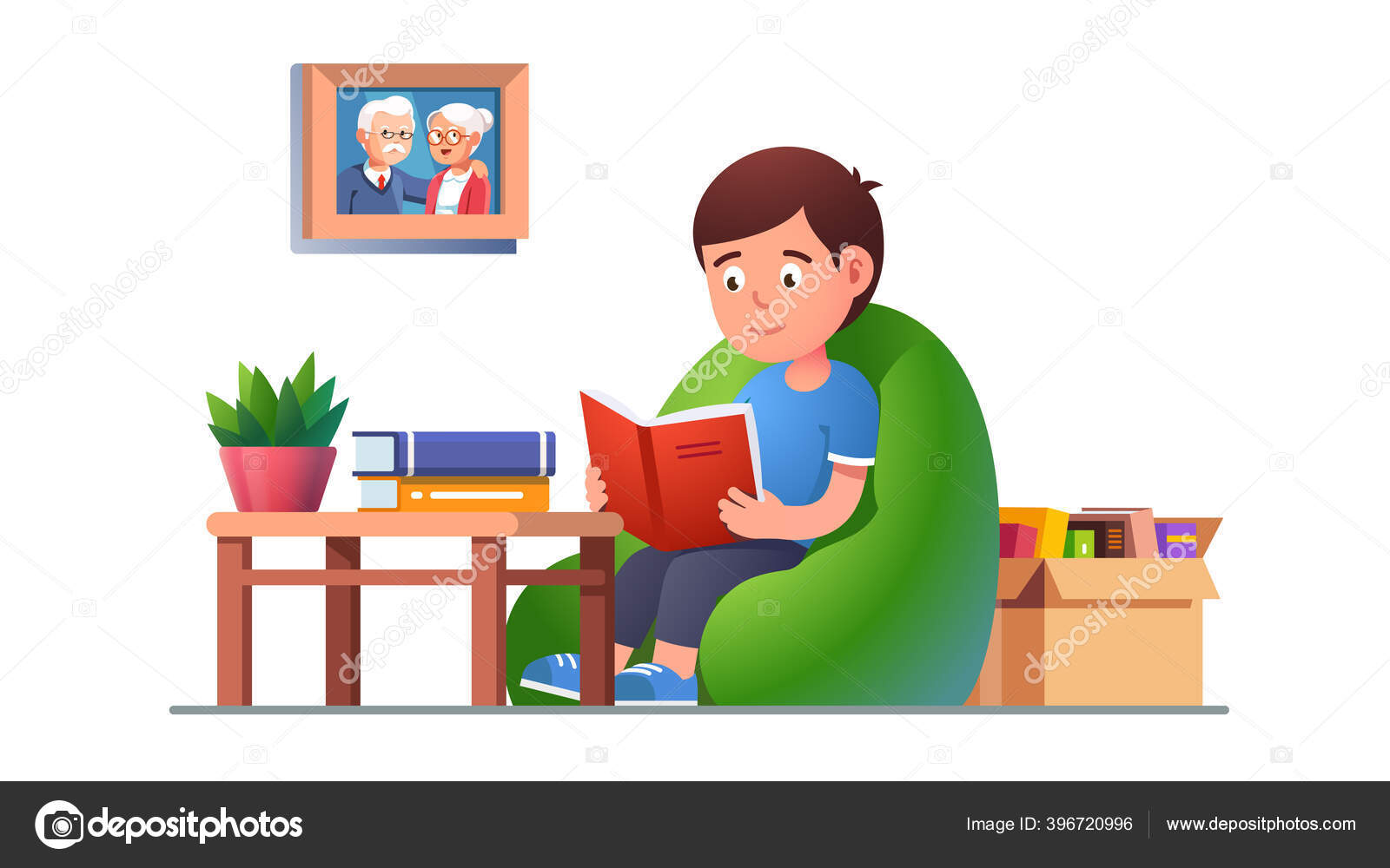 책가방 의자에 앉아 책을 읽는 아이 스톡 벡터 - ©IconicBestiary 396720996, image size:1600x1000