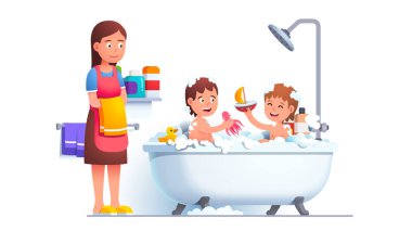 Erkek ve kız kardeşler aile banyosu yapıyor. Oyun oynuyorlar.