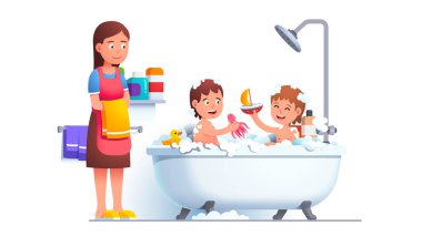 Boy and girl siblings family bathing playing games clipart