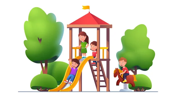 School, preschool kids play at park playground — Stock Vector