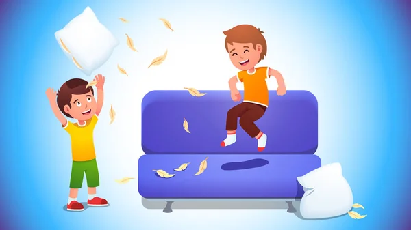 Crianças brincando com travesseiros e pulando em um sofá —  Vetores de Stock