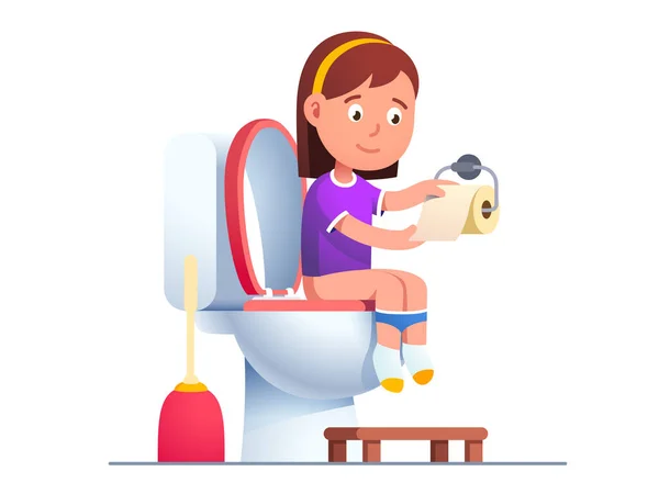 Menina bebê usando pia do banheiro rasgando papel de limpeza — Vetor de Stock