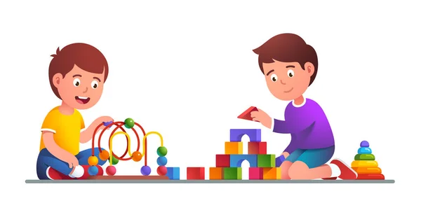 Kids playing maze roller coaster, wooden blocks — Stock Vector