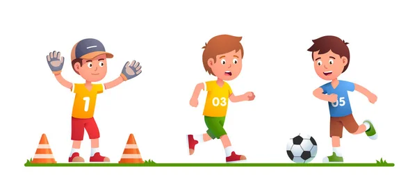 Garçons jouant au football ensemble, coup de pied au ballon — Image vectorielle