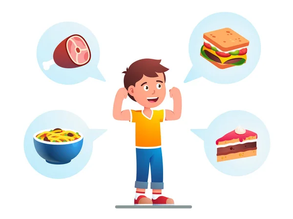 Il cibo rende il bambino che cresce forte, concetto sano — Vettoriale Stock