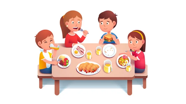 Kids eating breakfast food and drinking juice — Stock Vector