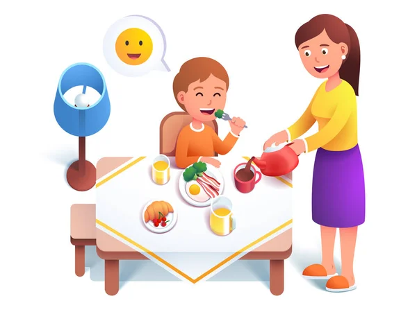 Kid eating breakfast meal, Mother serving table — Stock Vector