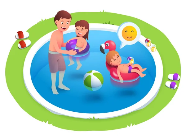 Niños y padre nadando en la piscina del patio trasero — Vector de stock