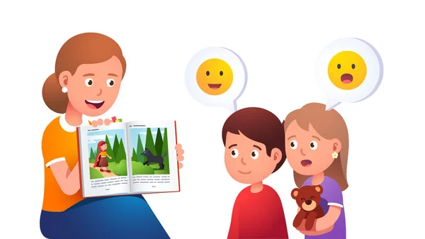 Mère lisant aux enfants et racontant une histoire — Image vectorielle