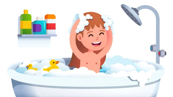 Kid having bath in bathtub washing head and body — Stock Vector