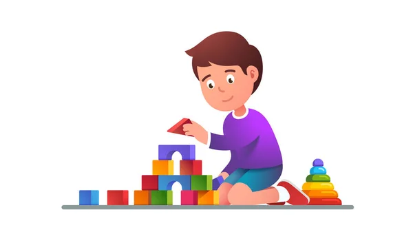 Kids playing wooden blocks building tower toy — Stock Vector