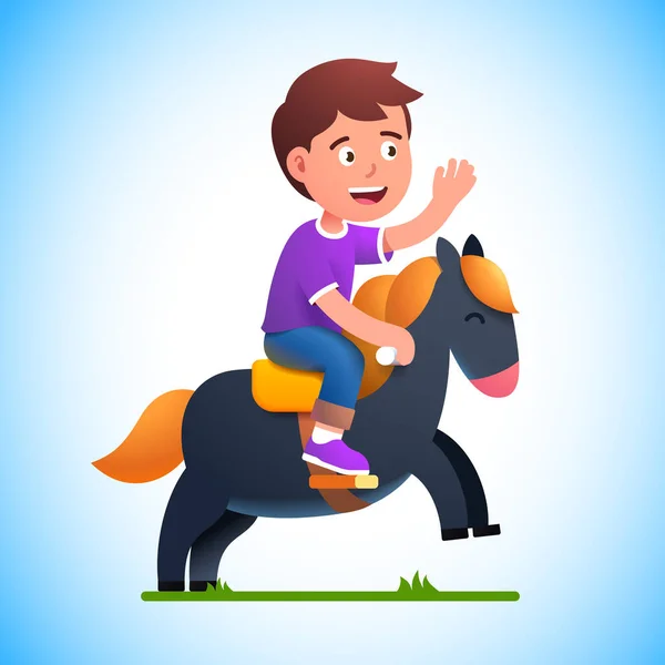 Criança pré-escolar menino jogar equitação brinquedo cavalo — Vetor de Stock