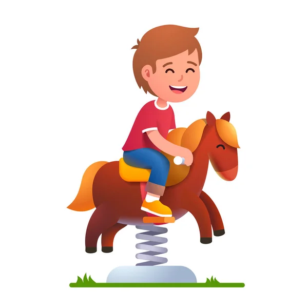 Preschool kid play riding rocking horse on spring — Stock Vector