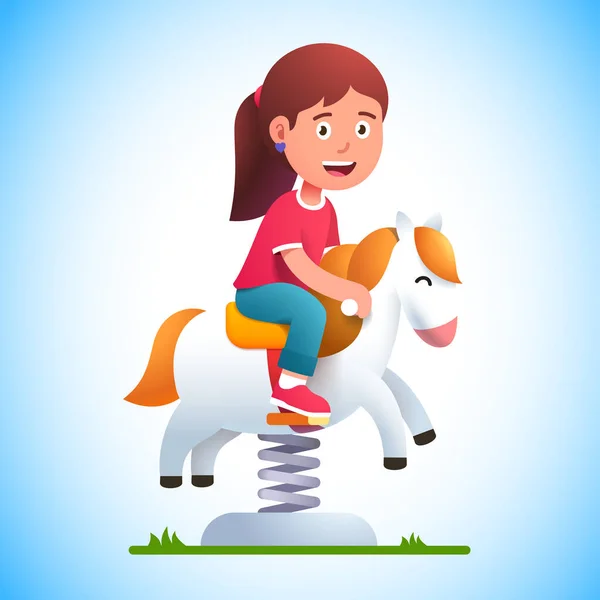 Criança pré-escolar jogar equitação cavalo de balanço na primavera — Vetor de Stock