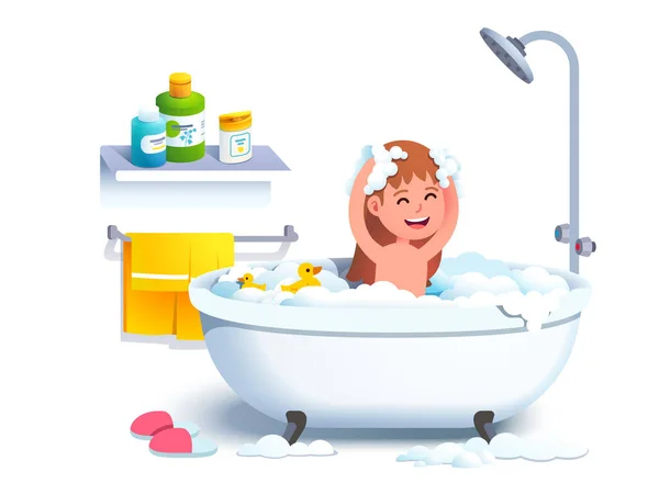 Mädchen Kind mit Bad waschen Kopf und Körper — Stockvektor