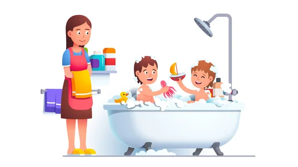 Erkek ve kız kardeşler aile banyosu yapıyor. Oyun oynuyorlar. — Stok Vektör