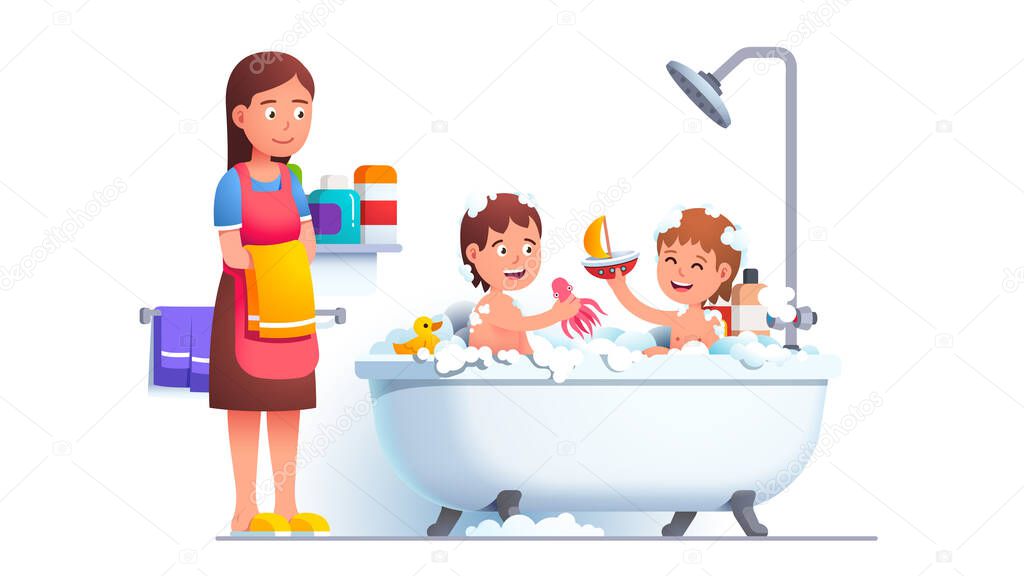Boy and girl siblings family bathing playing games