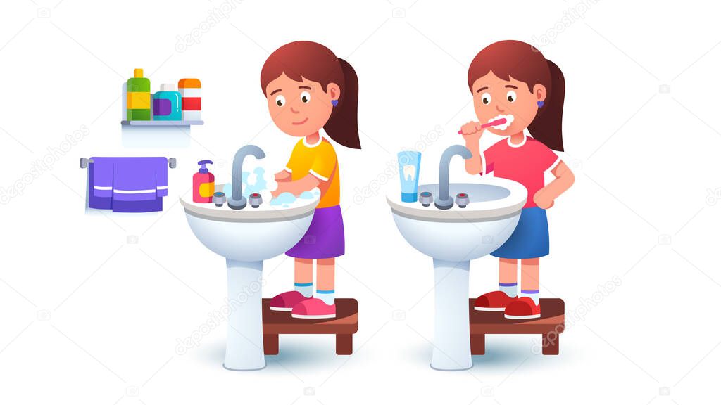 Kid girl washing hands and brushing teeth