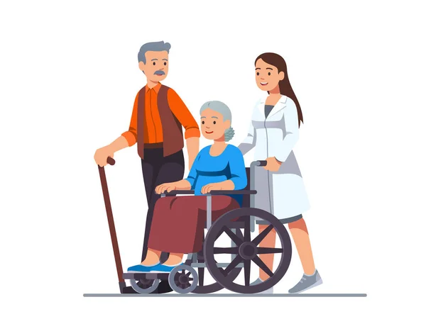 Enfermeira empurrando cadeira de rodas com a velha doente — Vetor de Stock