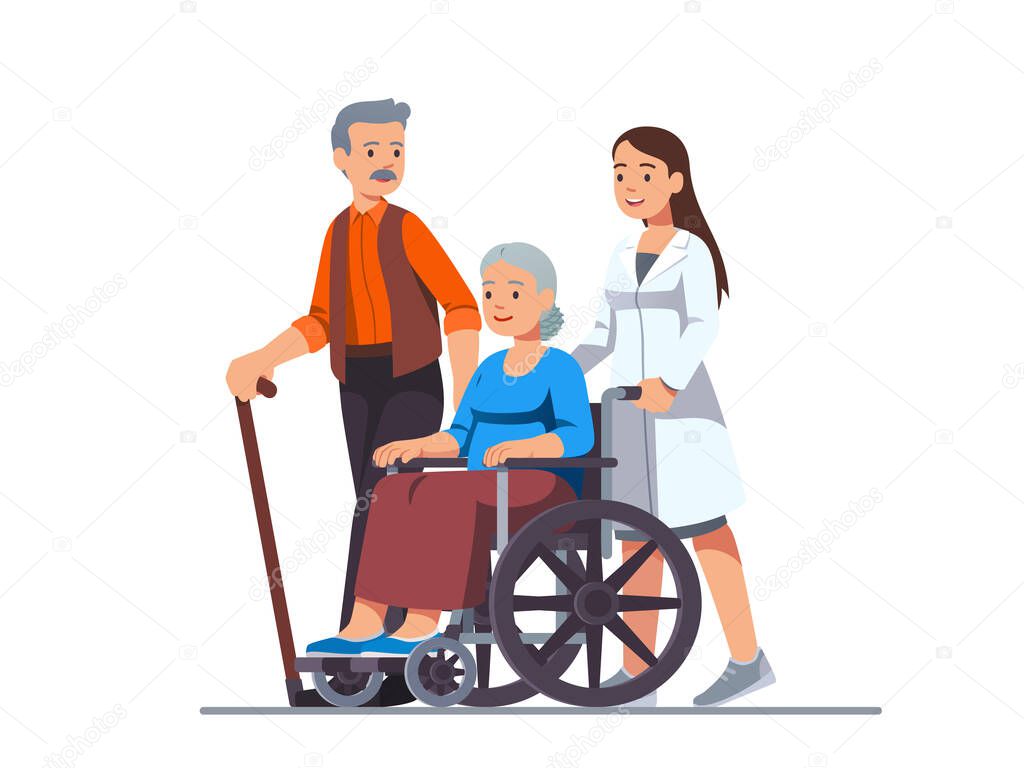 Nurse pushing wheelchair with sick old woman