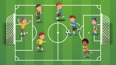 Çocuklar sahada futbol oynuyor.