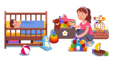 Anne çocuk odasını temizleyip oyuncak topluyor.