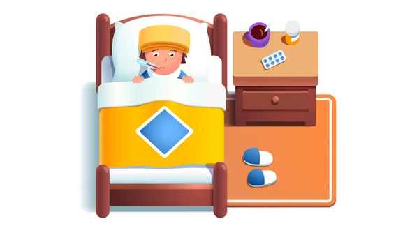 Άρρωστο αγόρι ξαπλωμένο στο κρεβάτι κάτω από κουβέρτα — Διανυσματικό Αρχείο
