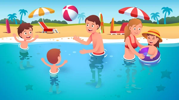 Gyerekek, szülők szórakozás játszani beach ball játék — Stock Vector