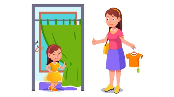 Girl kid trying on dress in shop fitting room — Stock Vector