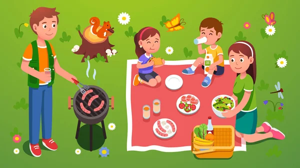 Parrilla de picnic familiar. Disfrutando de la comida y la naturaleza — Vector de stock