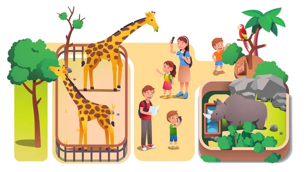 Anak-anak, anak-anak dan orang tua mengambil foto di kebun binatang - Stok Vektor