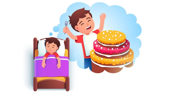 Garoto dormindo na cama sonhando em comer bolo —  Vetores de Stock