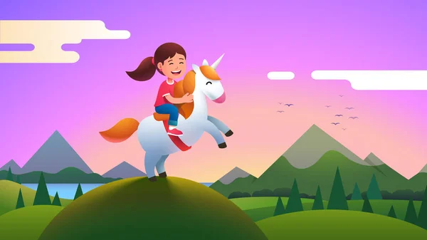 Chica niño montando unicornio en hermosa colina de prado — Archivo Imágenes Vectoriales