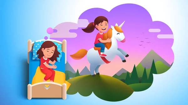 Niña durmiendo soñando con montar unicornio — Vector de stock